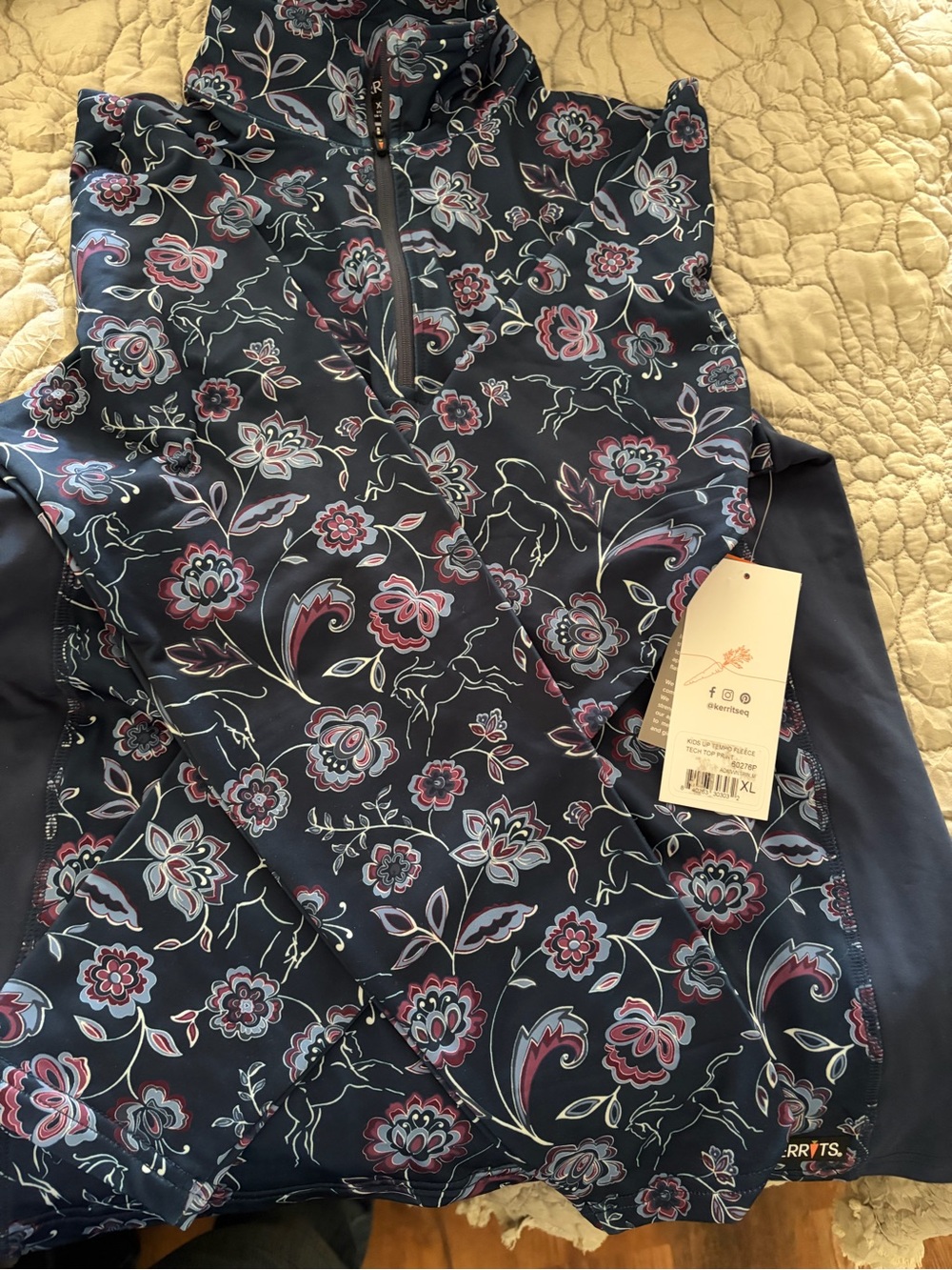 Kerrits Navy Floral-Accent Quarter Zip Pullover. NEW! Horse lover delight!